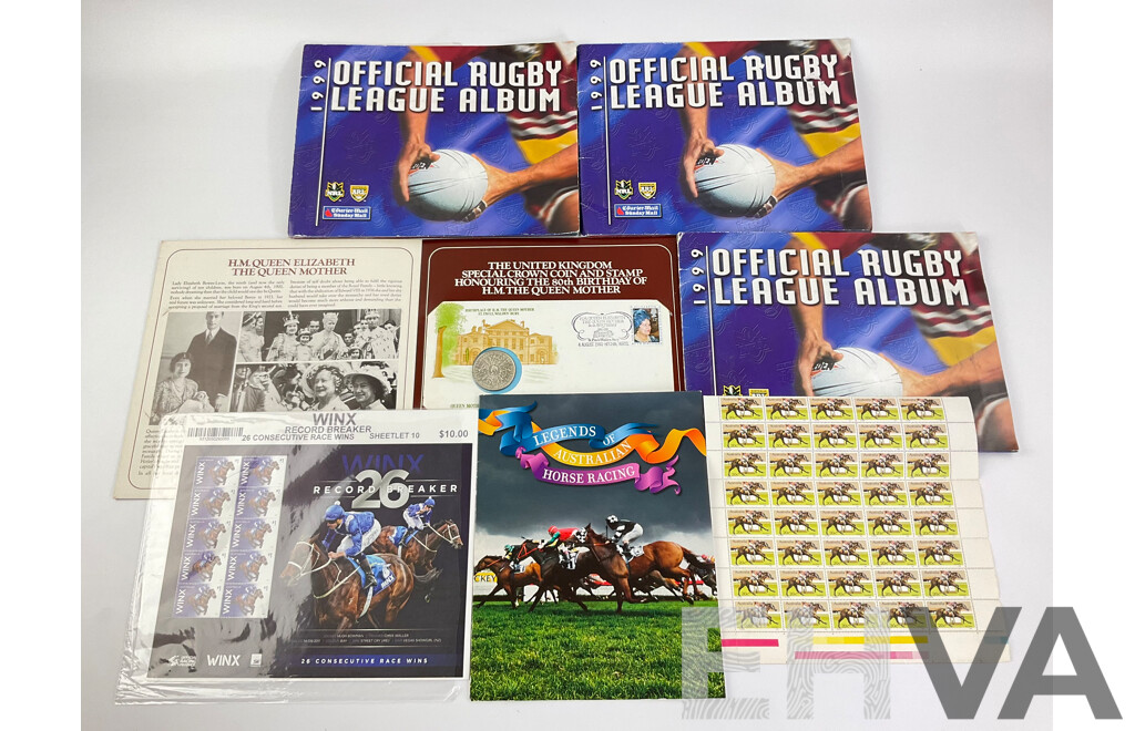 Australian Horse Racing Themed Stamps, Three 1999 Courier Mail Rugby League Albums, UK 1980 Queen Mother PNC