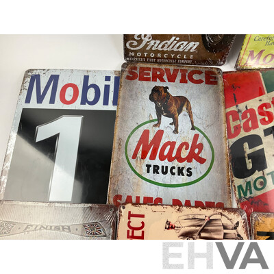 Ten Reproduction Steel Signs Including BP, Shell, Indian, Mobiloil, Champion, Mack, Castrol, Dunlop