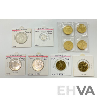 Collection of Australian Coins Including 1963 Silver Florin and 1964 Threepence, One Dollar Coins, 2023 AWLW(2) 2024 AFL(2) 2011 CHOGM, 1990, Commemorative Twenty Cents 1995 UN, 2001 Federation