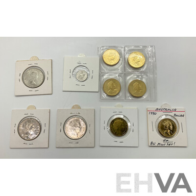 Collection of Australian Coins Including 1963 Silver Florin and 1964 Threepence, One Dollar Coins, 2023 AWLW(2) 2024 AFL(2) 2011 CHOGM, 1990, Commemorative Twenty Cents 1995 UN, 2001 Federation