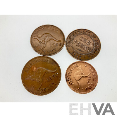 Australian 1949 Silver Threepence with Die Crack in 'P' 1950 Penny Doubling in 19, 1961 Sixpence with Obverse Die Crack