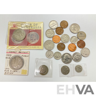 Australian 1954 Florin, Royal Visit with Vintage Vita-Brits Card, 1910 Sixpence and Threepence, UK 1929 KGV Silver Florin, USA 1912 V Nickel and Assorted Coins