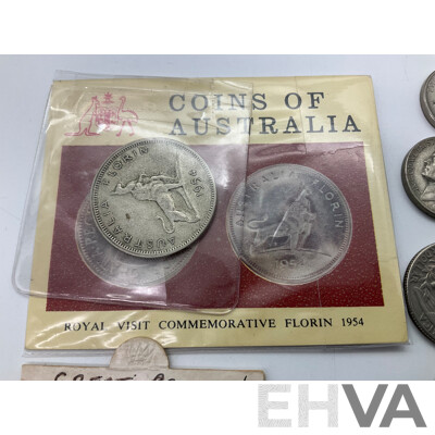 Australian 1954 Florin, Royal Visit with Vintage Vita-Brits Card, 1910 Sixpence and Threepence, UK 1929 KGV Silver Florin, USA 1912 V Nickel and Assorted Coins