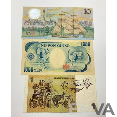 Australian 1988 Ten Dollar Note, Bicentennial AB 11842483, 1979 One Dollar Note Knight/Stone, Japan 1000 Yen Note