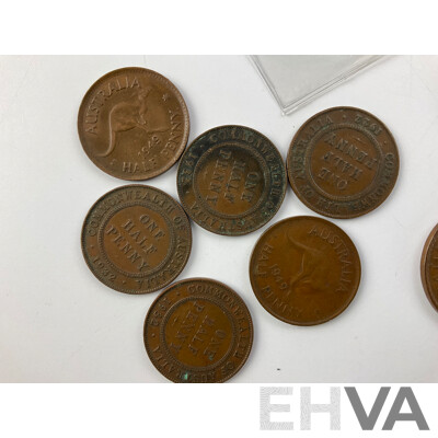 Australian Silver Threepence 1925(4) 1936, 1957, Pennies KGV, KGVI QE2, Half Pennies KGV, KGVI, 1964 Gilded Half Penny