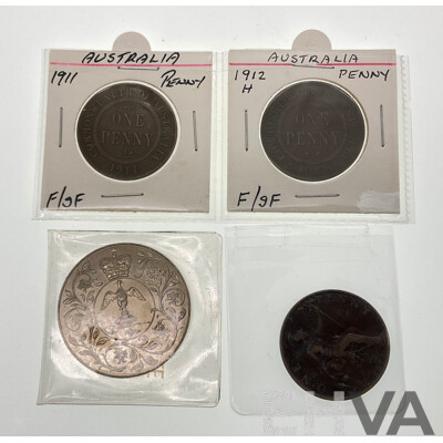 Two Australian Pennies, 1911 and 1912H, UK 1898 Penny, 1977 Jubilee Crown