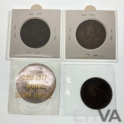 Two Australian Pennies, 1911 and 1912H, UK 1898 Penny, 1977 Jubilee Crown