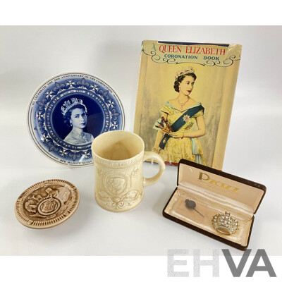 Collection of British Royals Memorabilia Including 1937 King George Sixth Coronation Mug, Wedgwood Queen Elizabeth II 50th Anniversary Coronation Plate, 1953 Wade Coronation Dish, Coronation Pin, Book and Crown Broach