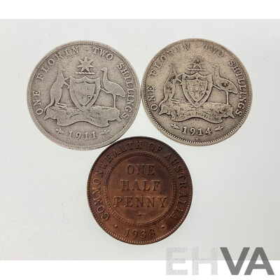 Australian Silver Florins KGV 1911 and 1914H with 1938 Half Penny