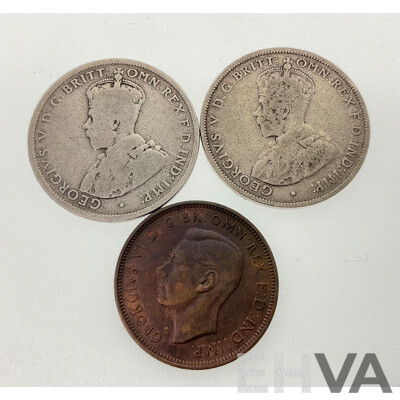 Australian Silver Florins KGV 1911 and 1914H with 1938 Half Penny