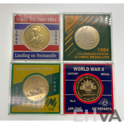 Australian Commemorative Medallions Including 1984 LA Olympics, 1988 Bicentennial, 1994 D-Day Anniversary, 1990 WW2 AIF Departs 50th Anniversary