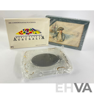 Australian Expo 1988 and Captain Cook Place Mats with Glass/Gilded Picture Frame