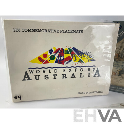 Australian Expo 1988 and Captain Cook Place Mats with Glass/Gilded Picture Frame