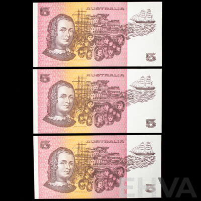 Three Australian 1985 Two Dollar Notes, Johnston/Fraser Consecutive QBV 100359 - QBV 100361