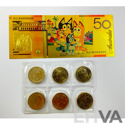 Six Australian 2024 One Dollar Coins, Bluey Bucks with Gold Tone Fifty Dollar Bluey Note