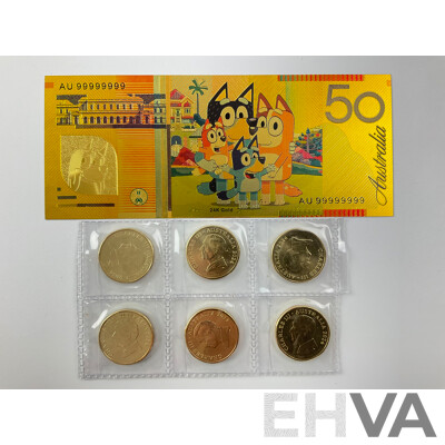 Six Australian 2024 One Dollar Coins, Bluey Bucks with Gold Tone Fifty Dollar Bluey Note