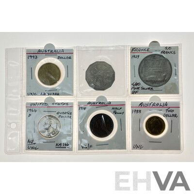 Collection of Coins Including USA 1964 Silver Quarter Dollar, Denver Mint, France 1929 Silver Twenty Francs, Australian 1918 Half Penny, 1993 One Dollar Land Care.....