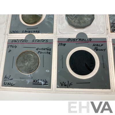 Collection of Coins Including USA 1964 Silver Quarter Dollar, Denver Mint, France 1929 Silver Twenty Francs, Australian 1918 Half Penny, 1993 One Dollar Land Care.....
