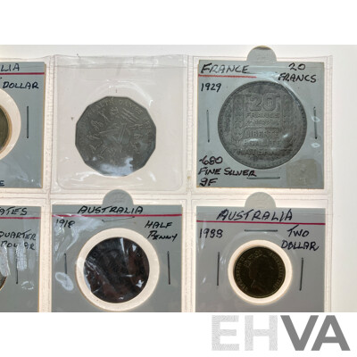 Collection of Coins Including USA 1964 Silver Quarter Dollar, Denver Mint, France 1929 Silver Twenty Francs, Australian 1918 Half Penny, 1993 One Dollar Land Care.....