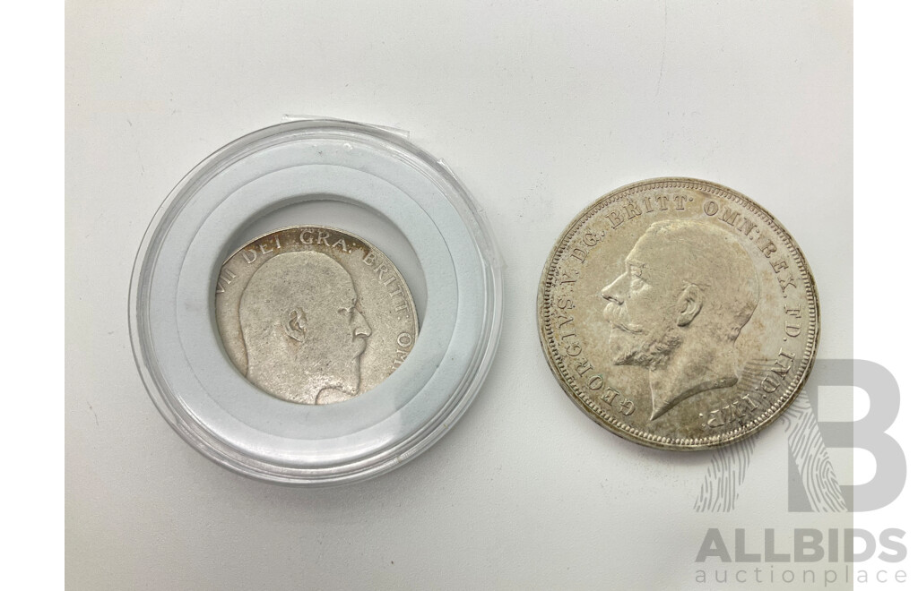 United Kingdom 1906 Silver Half Crown and 1935 Silver Crown