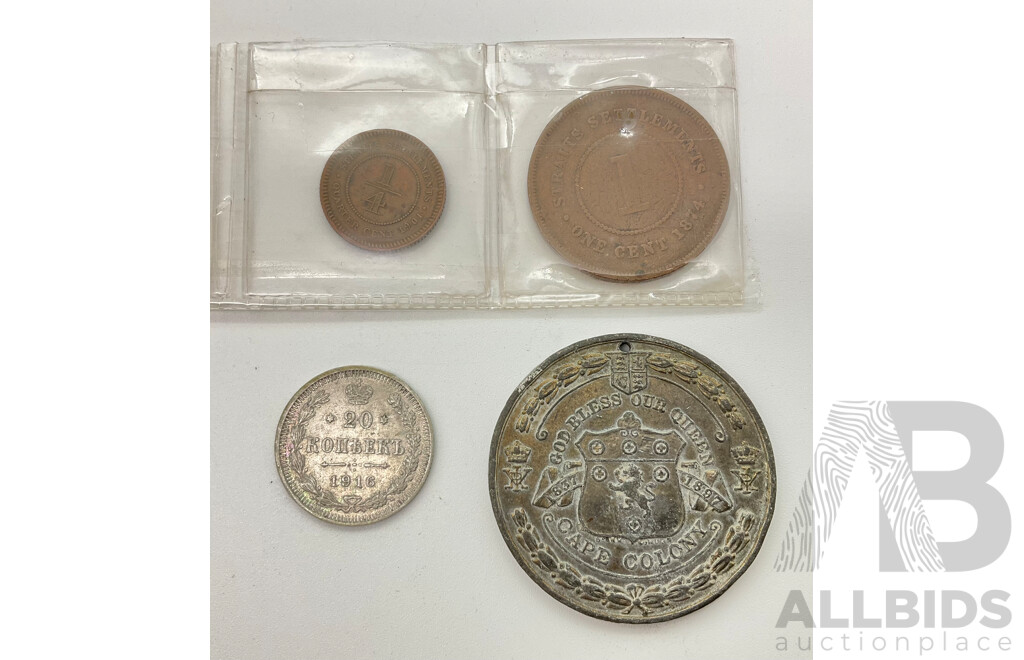 South African Queen Victoria Diamond Jubilee Medallion, British Malaysia Quarter and One Cents, Russian 1916 Silver Twenty Kopecks