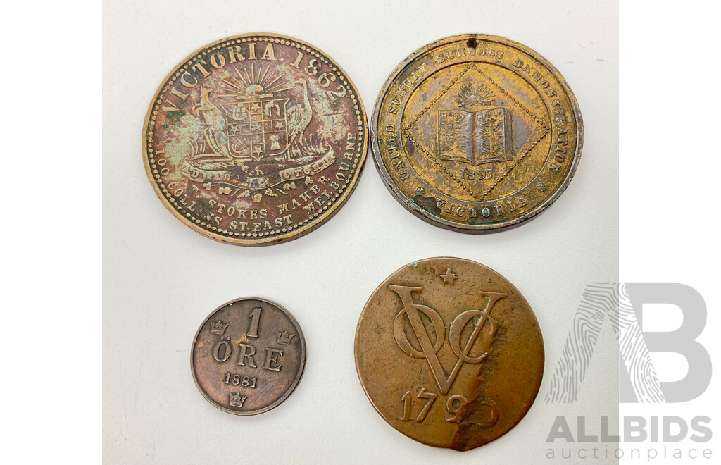 Australian  1862 T. Stokes One Penny Medallion, 1897 Queen Victoria Diamond Jubilee Medallion, Netherland East Indies190 One Duit, Sweden 1881 One Ore