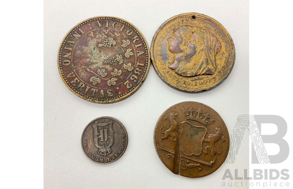 Australian  1862 T. Stokes One Penny Medallion, 1897 Queen Victoria Diamond Jubilee Medallion, Netherland East Indies190 One Duit, Sweden 1881 One Ore