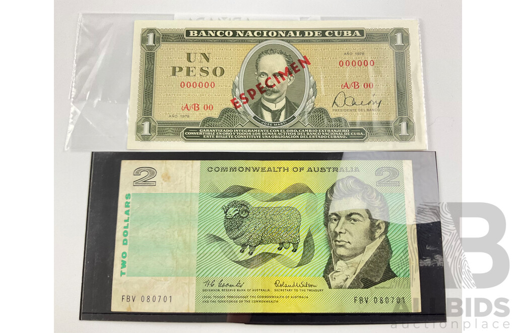 Australian COA 1966 Two Dollar Note Coombs/Wilson and Cuba 1978 One Peso Specimen Note