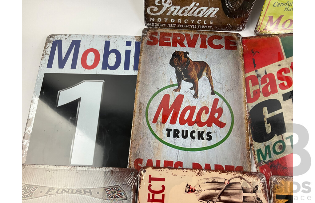 Ten Reproduction Steel Signs Including BP, Shell, Indian, Mobiloil, Champion, Mack, Castrol, Dunlop