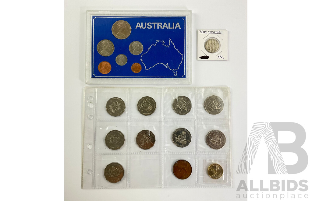 Australian 1921 Star Silver Shilling, 1946 Penny, 2001 Fifty Cent Federation Set, 2024 Commemorative on Dollar, Bluey Buck, 1981 UNC Coin Set