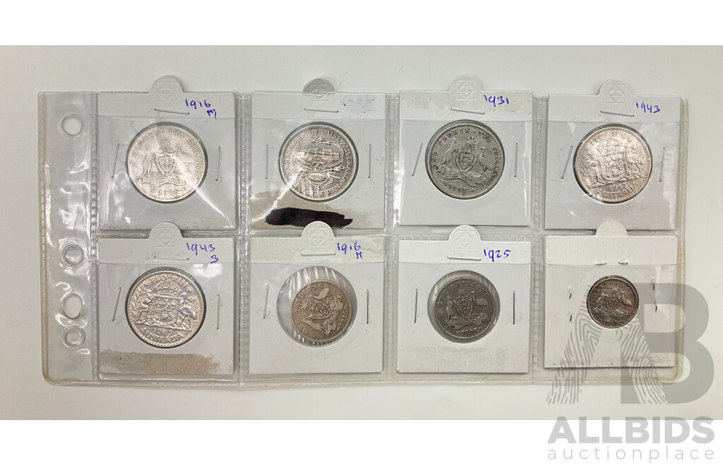 Collection of Australian Predecimal Silver Coins Including Florins, 1916M, 1927 Commemorative, 1931, 1943, 1943S, Shillings 1916M, 1925, Sixpence 1936