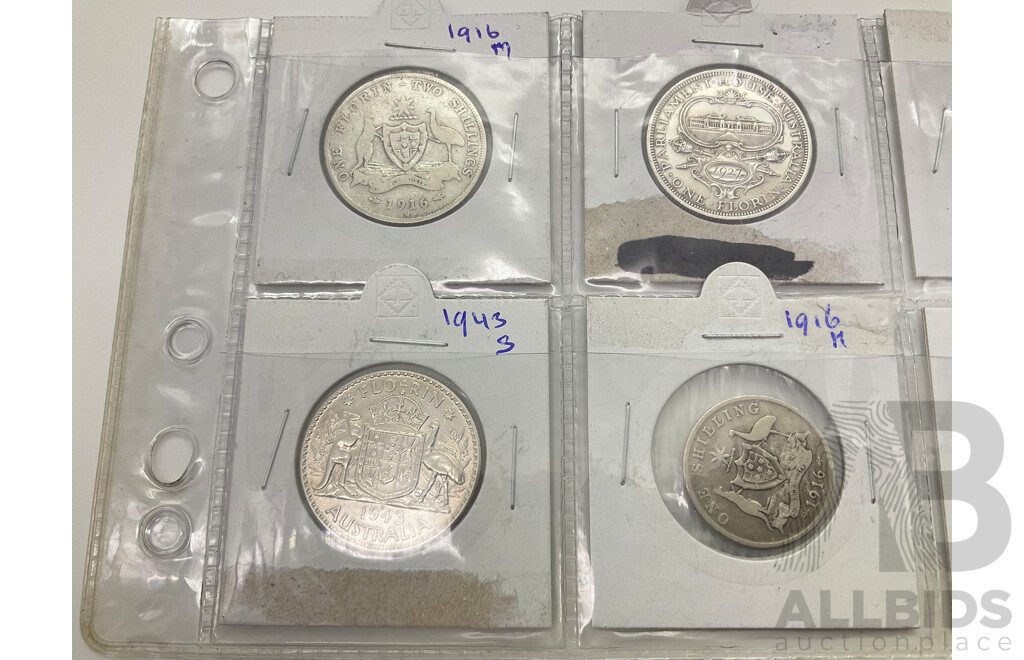 Collection of Australian Predecimal Silver Coins Including Florins, 1916M, 1927 Commemorative, 1931, 1943, 1943S, Shillings 1916M, 1925, Sixpence 1936