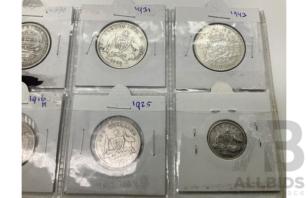 Collection of Australian Predecimal Silver Coins Including Florins, 1916M, 1927 Commemorative, 1931, 1943, 1943S, Shillings 1916M, 1925, Sixpence 1936