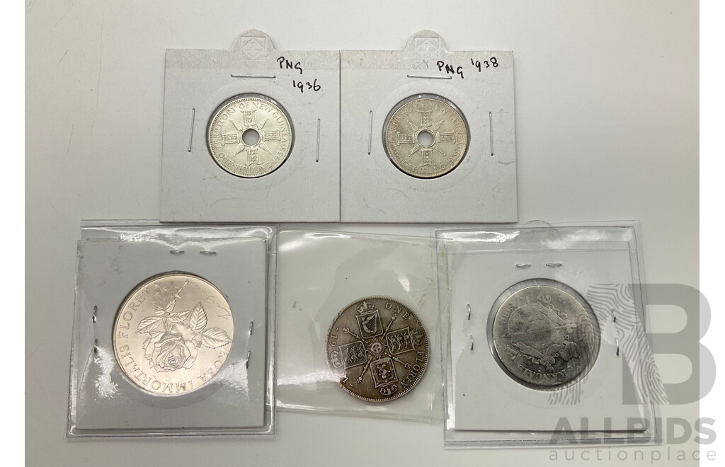 International Silver Coins Including Papua New Guinea One Shillings 1936 and 1938, France 1866 Napoleon Two Francs, UK 1921 One Florin Switzerland 1967 Rosenstadt Tapperswil Medal