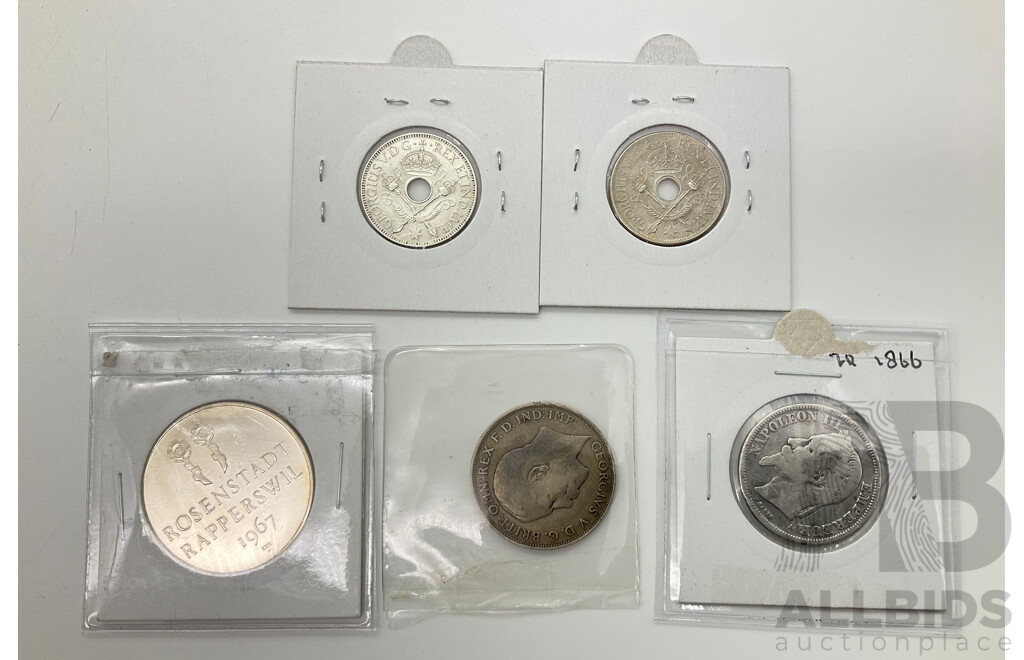 International Silver Coins Including Papua New Guinea One Shillings 1936 and 1938, France 1866 Napoleon Two Francs, UK 1921 One Florin Switzerland 1967 Rosenstadt Tapperswil Medal