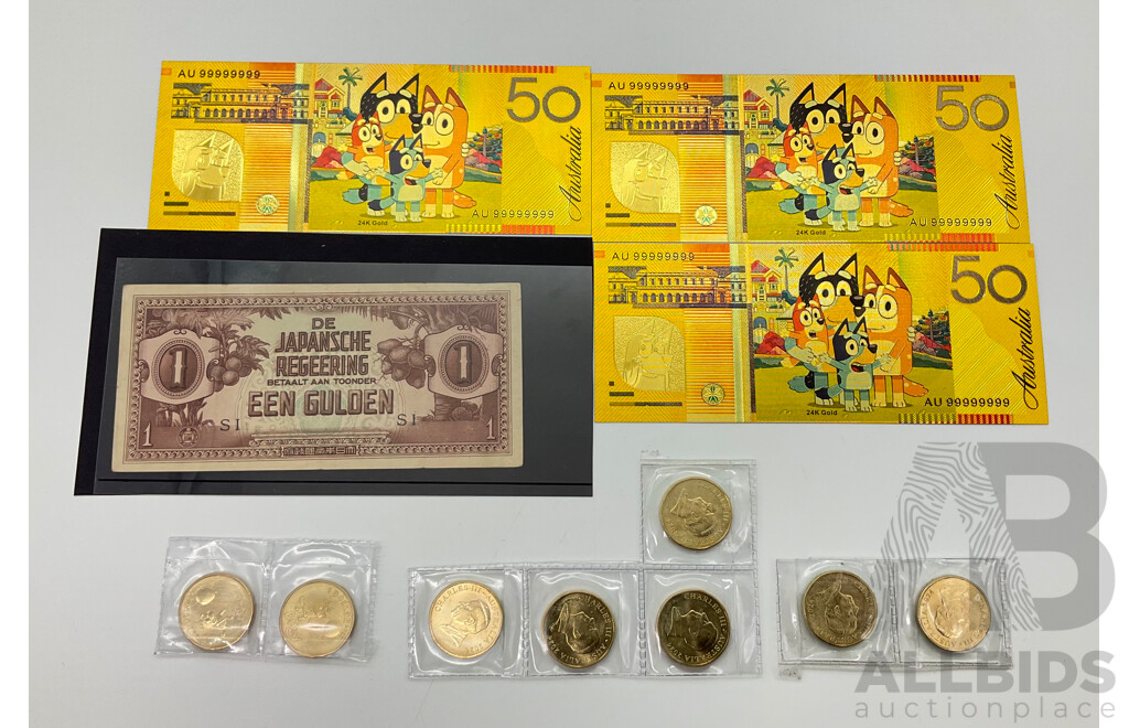 Eight Australian 2024 Commemorative One Dollar Coins, Bluey Bucks, Three Novelty Fifty Dollar Bluey Notes and Japanese WW2 One Gulden Note