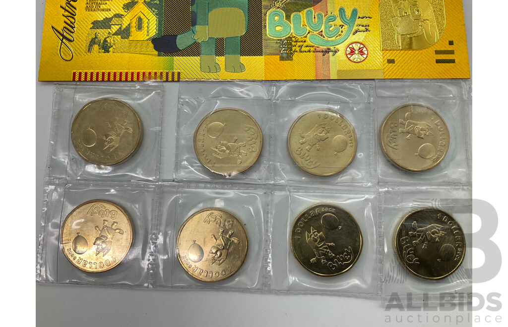 Eight Australian 2024 Commemorative One Dollar Coins, Bluey Bucks, Three Novelty Fifty Dollar Bluey Notes and Japanese WW2 One Gulden Note