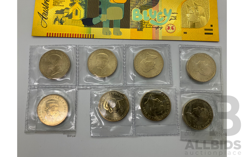 Eight Australian 2024 Commemorative One Dollar Coins, Bluey Bucks, Three Novelty Fifty Dollar Bluey Notes and Japanese WW2 One Gulden Note