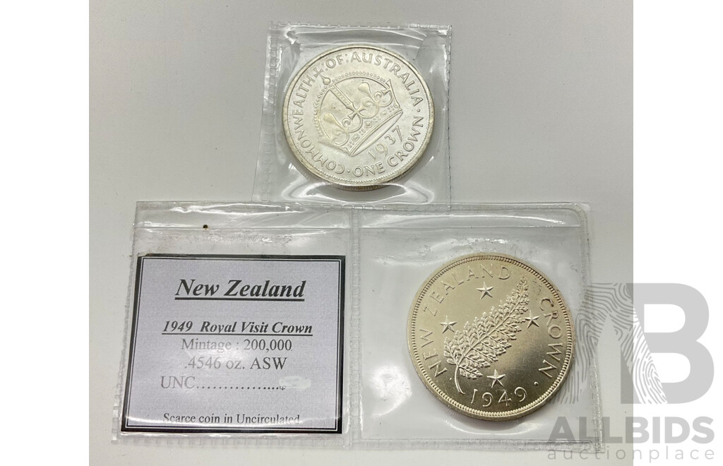 Australian 1937 Silver A/UNC One Crown with New Zealand 1949 Commemorative Crown, Royal Visit