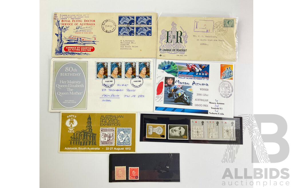 Australian First Day Covers Including 1957 Royal Flying Doctor Service of Australia, 1959 QE2 Change of Portrait, 2000 125cc GP Winner, Stamps, KGVI Color Error and Overprint, UK 1969 Mint HRH Set...