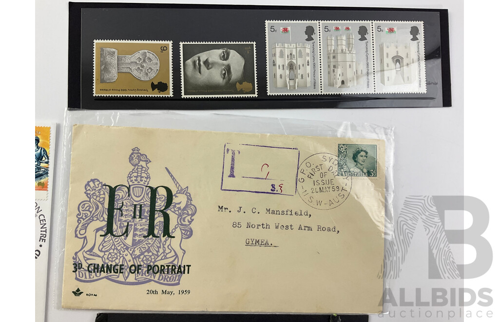 Australian First Day Covers Including 1957 Royal Flying Doctor Service of Australia, 1959 QE2 Change of Portrait, 2000 125cc GP Winner, Stamps, KGVI Color Error and Overprint, UK 1969 Mint HRH Set...