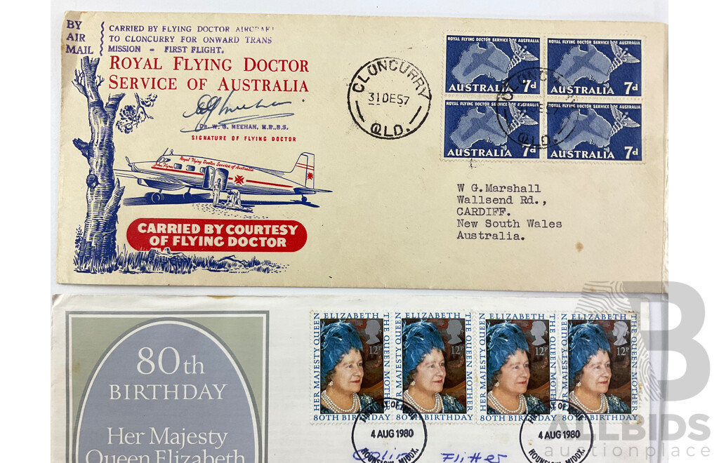 Australian First Day Covers Including 1957 Royal Flying Doctor Service of Australia, 1959 QE2 Change of Portrait, 2000 125cc GP Winner, Stamps, KGVI Color Error and Overprint, UK 1969 Mint HRH Set...