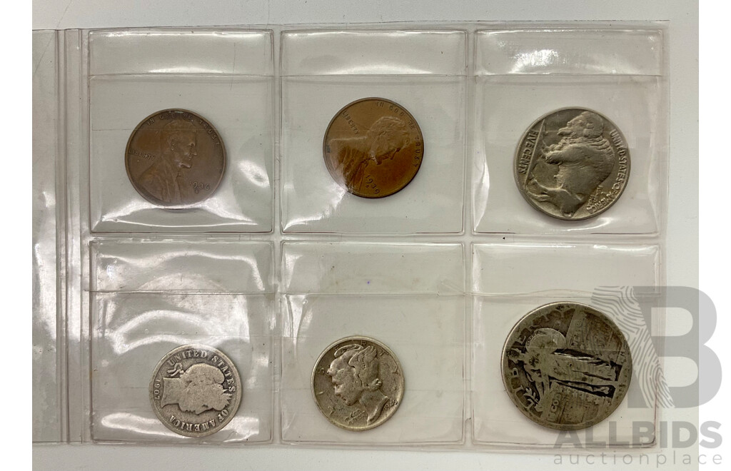 USA Coins Including Silver 1907, 1945D One Dimes, Standing Liberty Quarter, 1930 Five Cents, Pennies 1936S, 1939S Lincoln