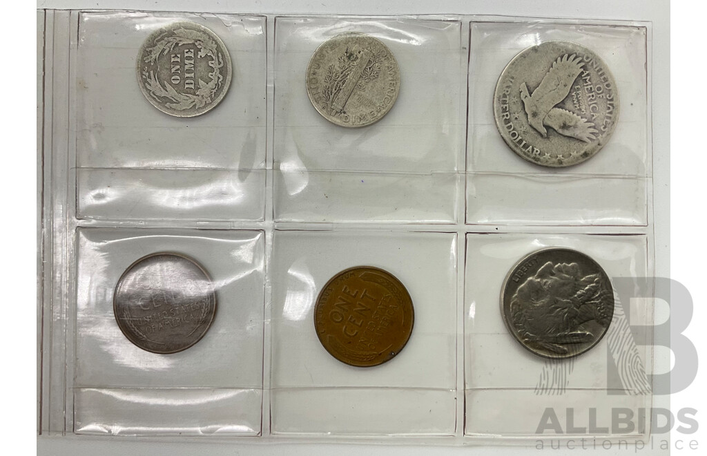 USA Coins Including Silver 1907, 1945D One Dimes, Standing Liberty Quarter, 1930 Five Cents, Pennies 1936S, 1939S Lincoln