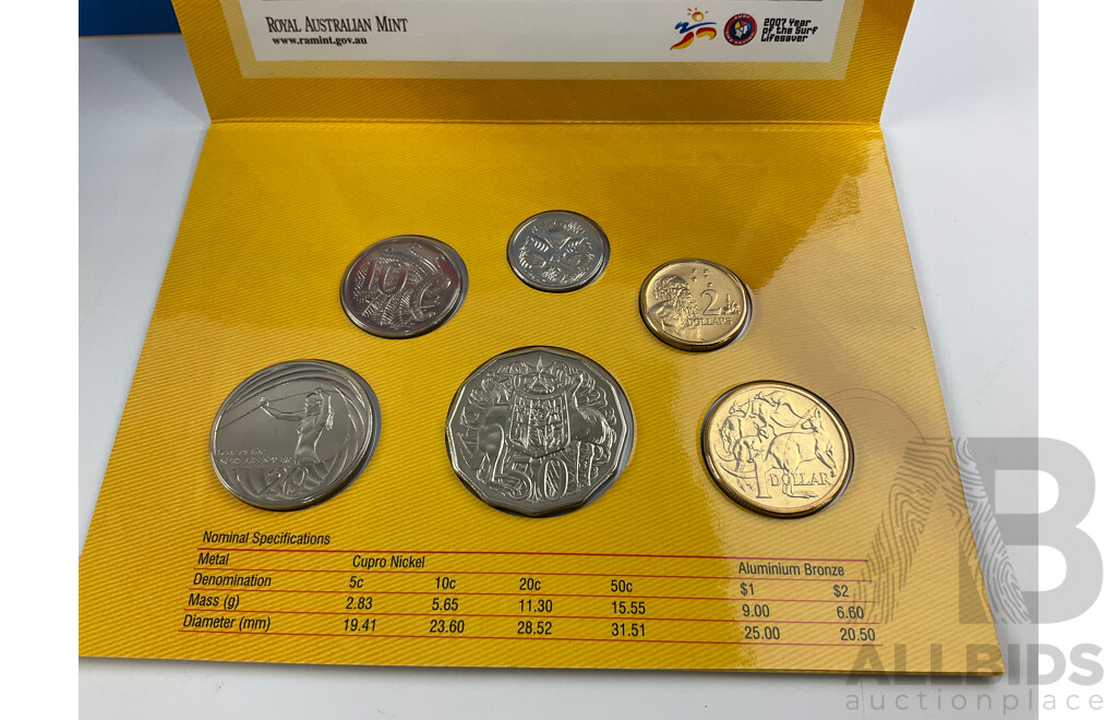 Four Australian Predecimal KGV Official Service Stamps, 2007 Six UNC Coin Set, 2021 Commemorative Six Coin Wiggles Set