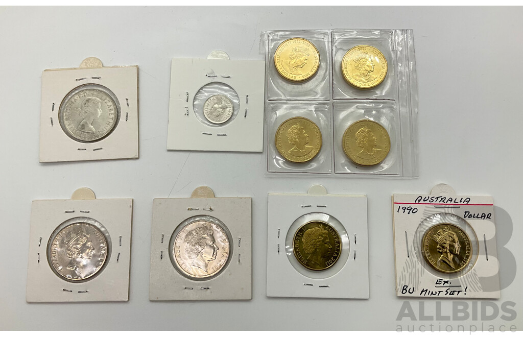 Collection of Australian Coins Including 1963 Silver Florin and 1964 Threepence, One Dollar Coins, 2023 AWLW(2) 2024 AFL(2) 2011 CHOGM, 1990, Commemorative Twenty Cents 1995 UN, 2001 Federation