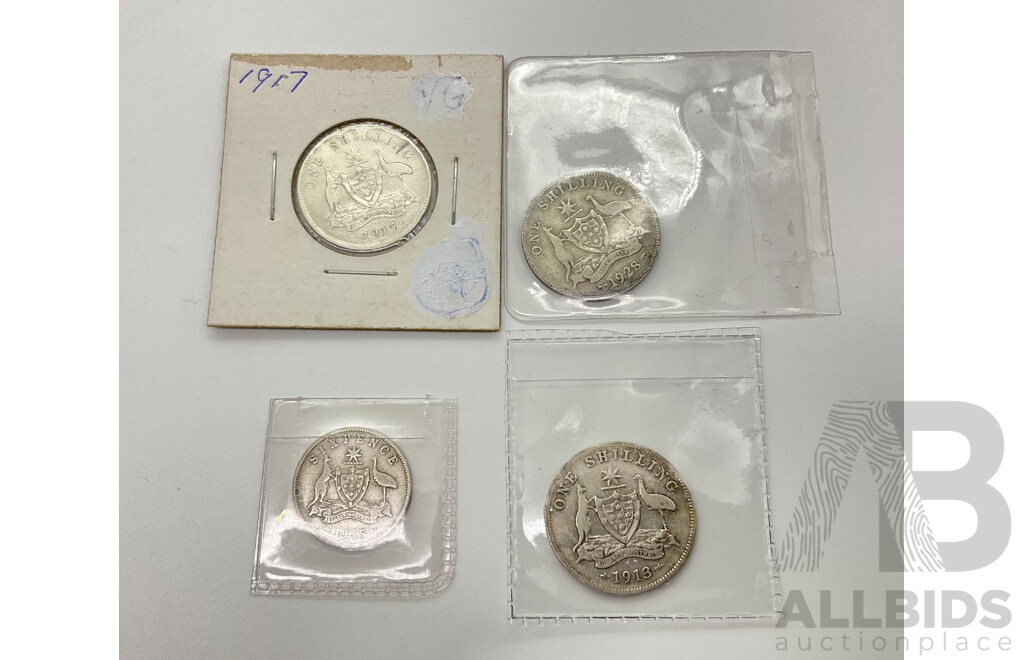 Australian Silver Predecimal Coins Including 1913, 1917M, 1928 Shillings, 1935 Sixpence