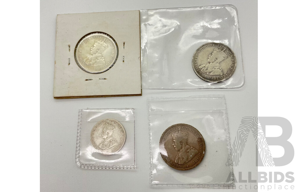 Australian Silver Predecimal Coins Including 1913, 1917M, 1928 Shillings, 1935 Sixpence