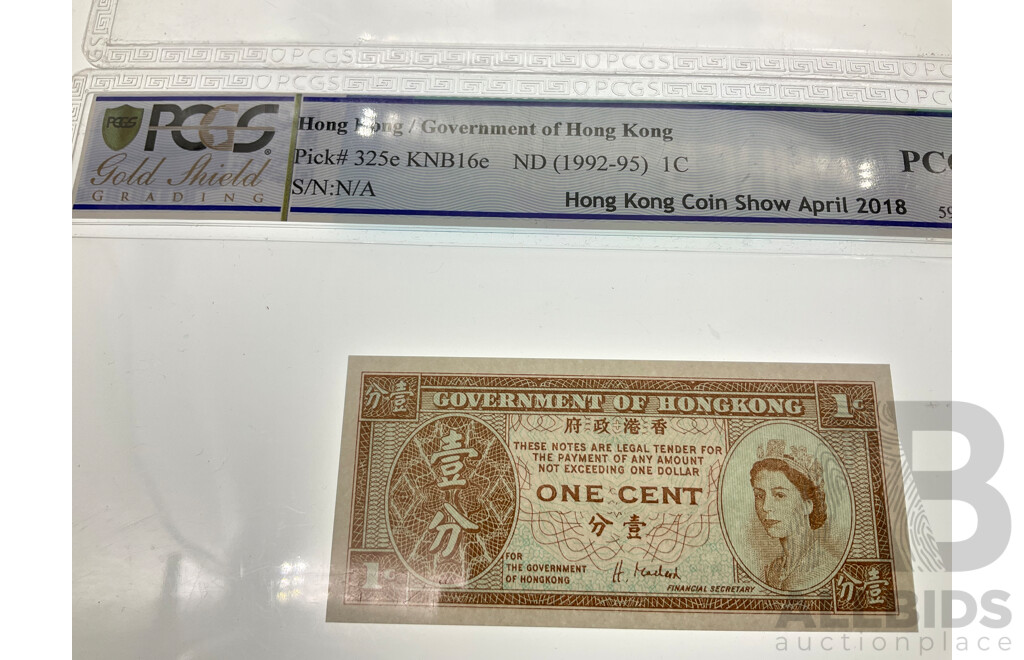 Hong Kong 1992-95 QE2 One Cent Notes, PCGS Sample