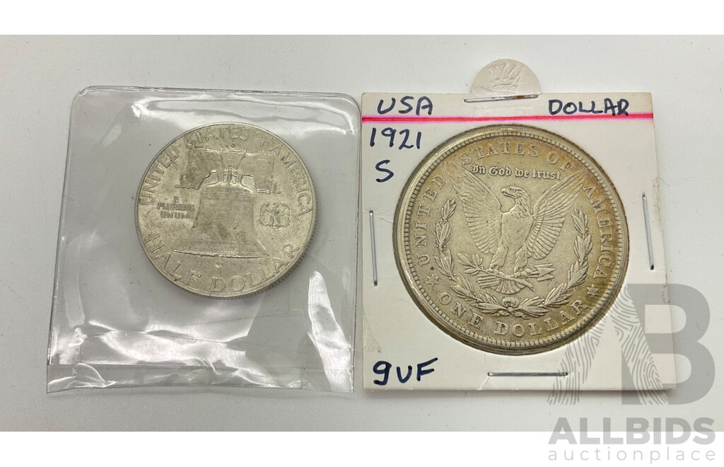 USA 1921S Silver Morgan Dollar, San Fransisco Mint with 1963 Silver Franklin Half Dollar .900